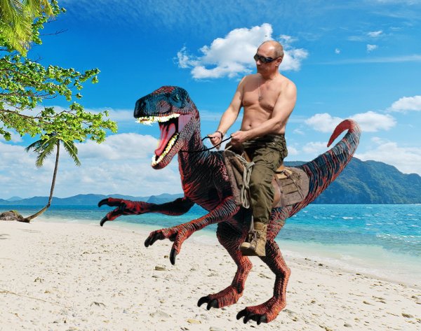 Мужчина на динозавре