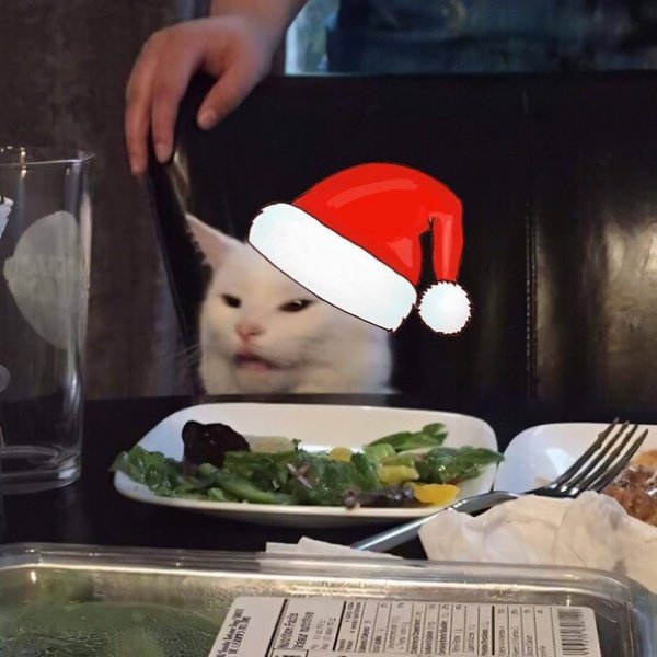 Мем с белым котом за столом