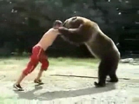 Мужчина дерётся с медведем