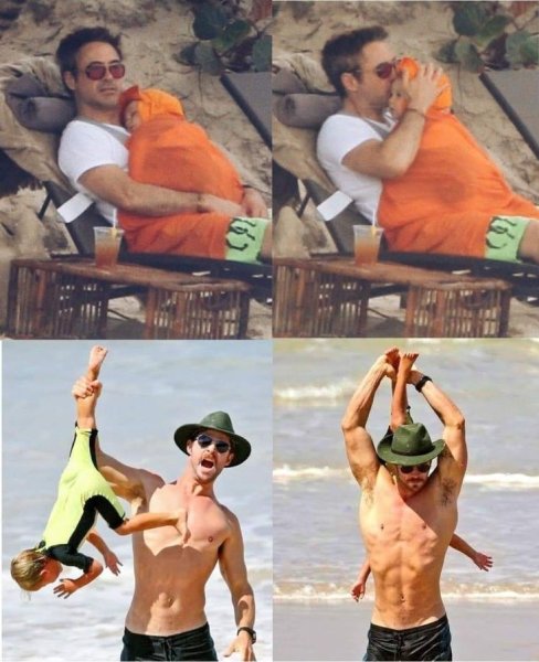 Роберт Дауни младший и Крис Хемсворт на пляже