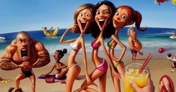 Карикатура женщина на пляже