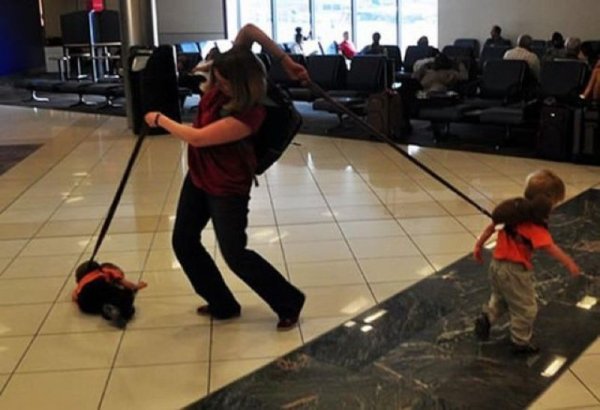 Мужчина с детьми на поводке