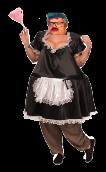 Толстый мужчина в костюме горничной