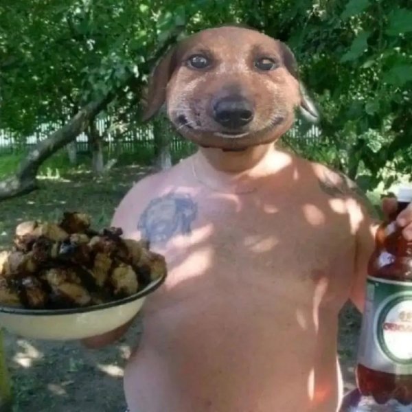 Толстый мужик с шашлыком и пивом