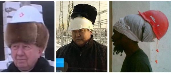 Мужик в шапке и каске