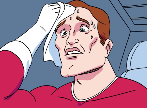 Вытирает пот