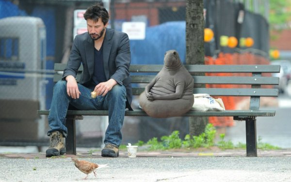 Киану Ривз на скамейке