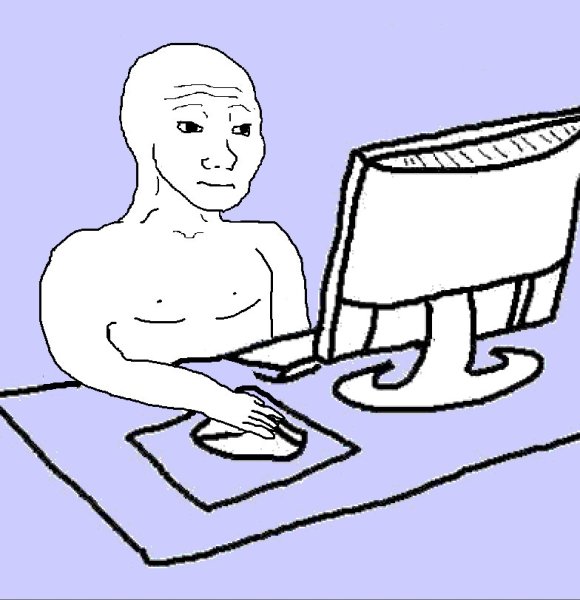 Wojak сидит за компьютером