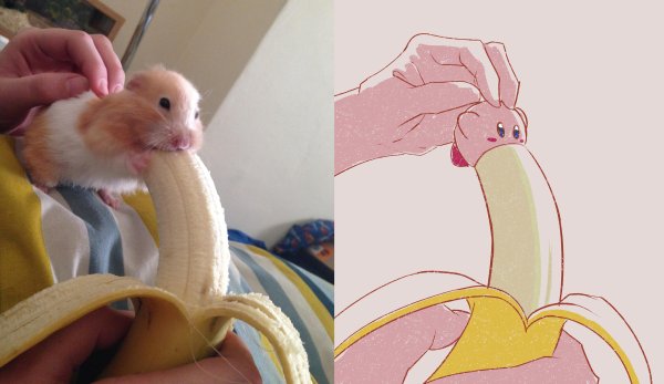 Хомячок с бананом во рту