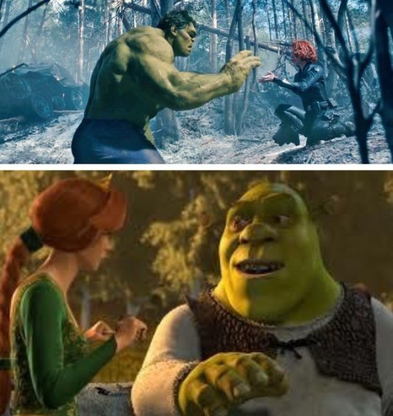 Мем Шрек Фиона убегают а сзади люди