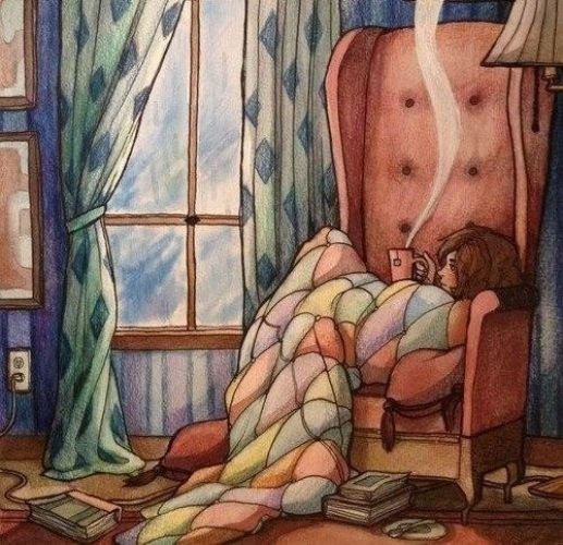 Девушка в пледе с чаем