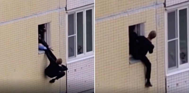 Человек выпрыгивает из окна