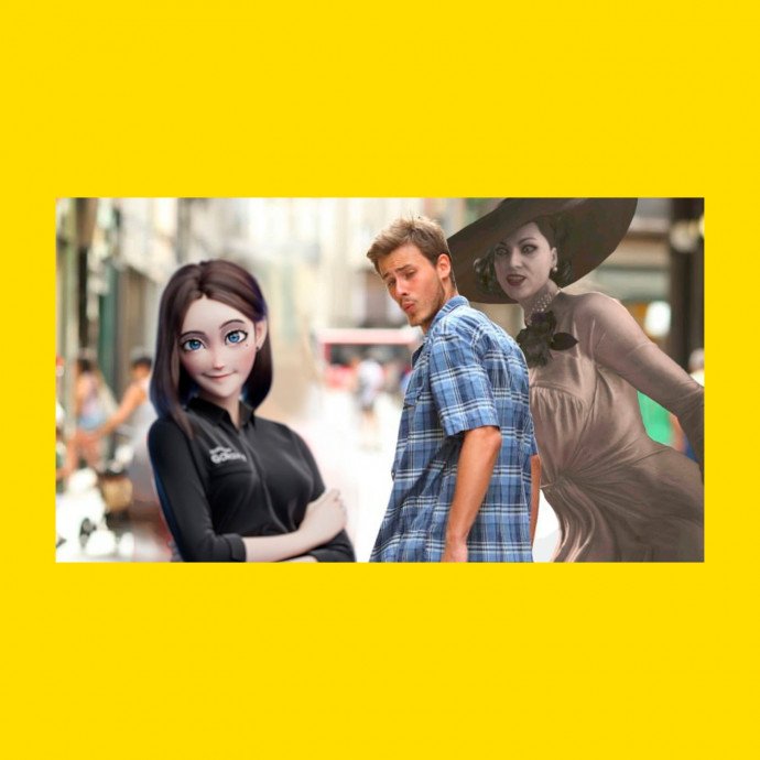 Мем с парнем и двумя девушками