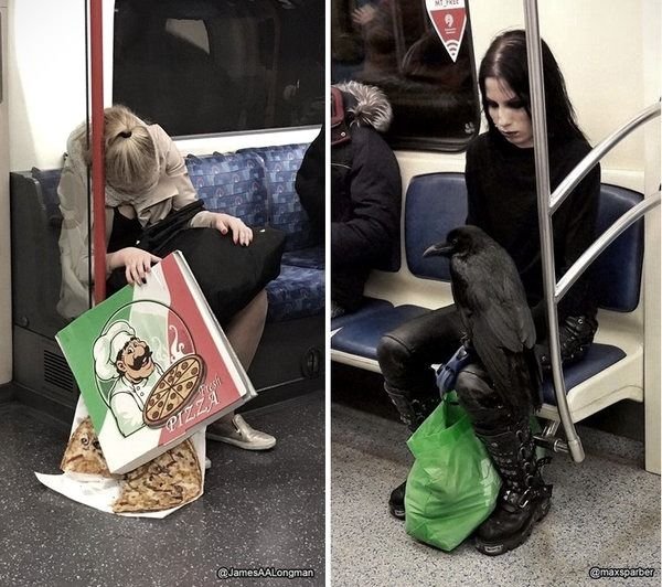 Девушка с пиццей в метро