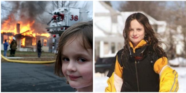 Улыбающаяся девочка с горящим домом