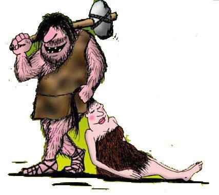 Древний человек тащит за волосы женщину