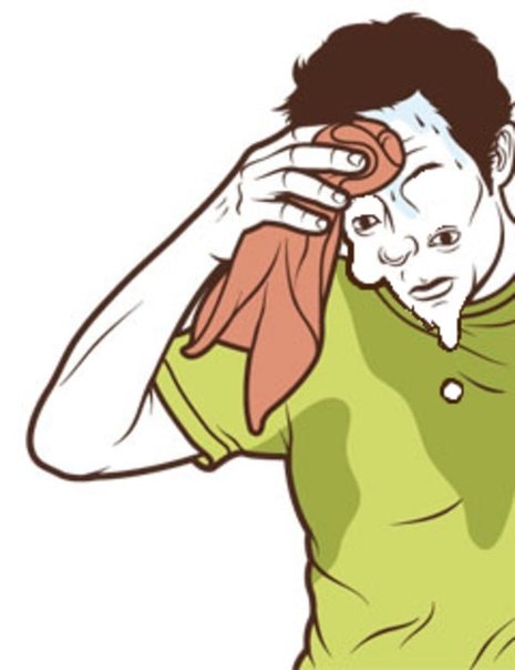 Вытирает лоб