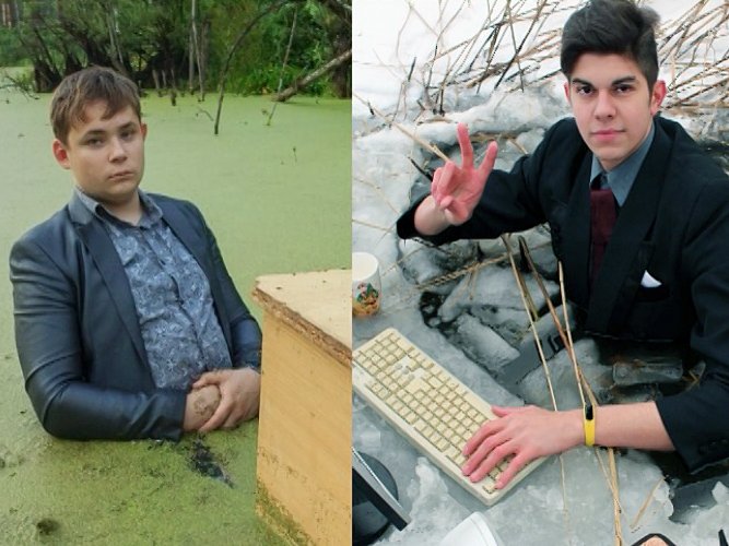 Школьник в болоте в костюме