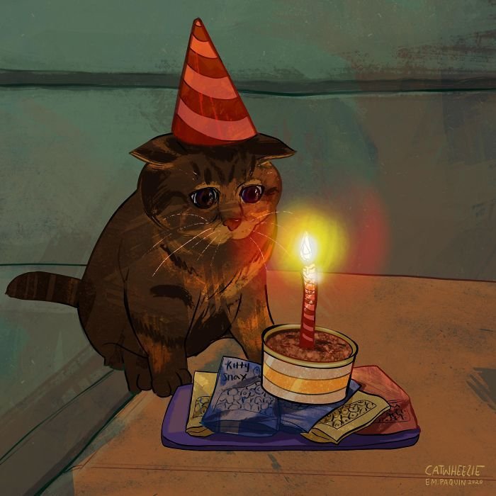 Котик в колпаке с тортиком