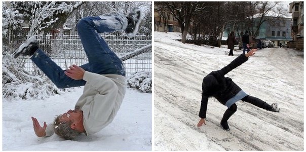 Человек падает на льду