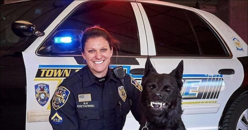 Полицейский улыбается собаке