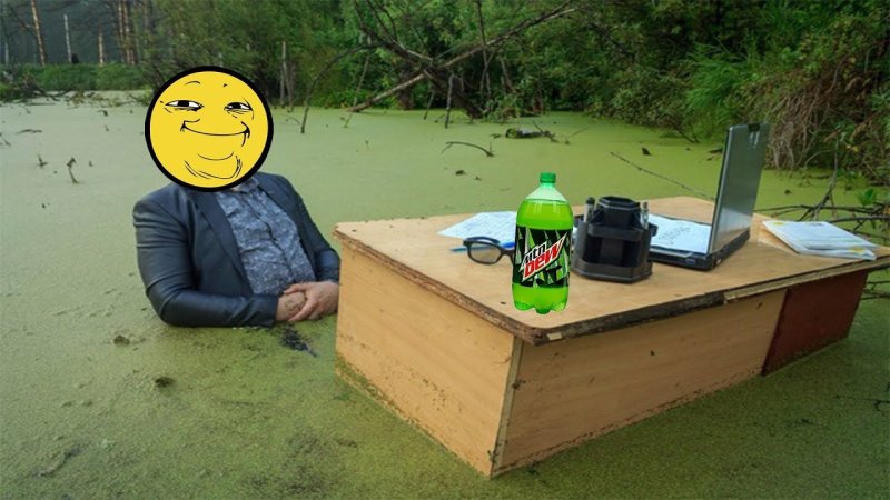 Чел за столом в болоте