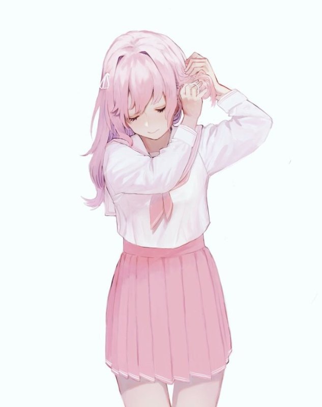 Тян с короткими розовыми волосами