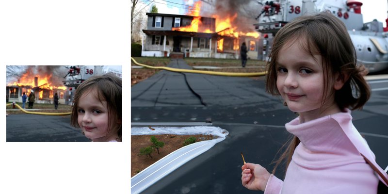 Девочка на фоне горящего дома