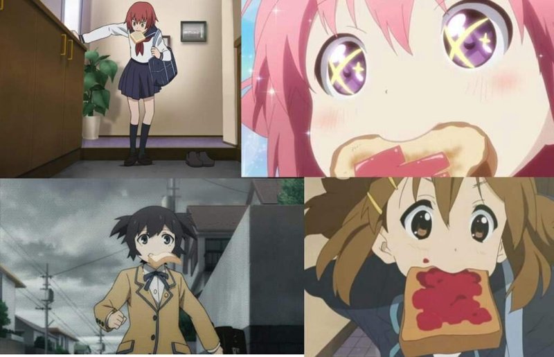 У аниме девочки во рту булочка